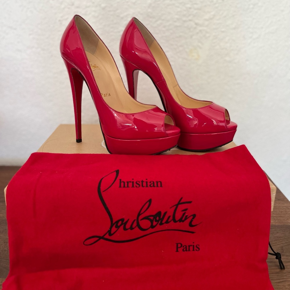EUC Christian Louboutin Lady Peep 36 150mm Hot Pink Red Patent Leather Pumps